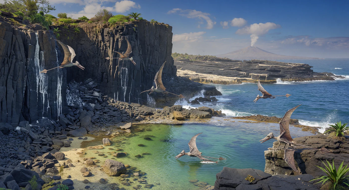 後期三畳紀（約2億300万～2億100万年前）のパンタラッサ大洋の火山島海岸では、黒い玄武岩の断崖に沿って、翼開長およそ1 mの初期翼竜エウディモルフォドン（Eudimorphodon）が上昇気流に乗って舞い、暖かなラグーンの水面すれすれで小魚を狙っていました。画面には、白いグアノに筋状に染まった岩棚、波に削られた海食崖、シダや低いソテツ類がまばらにしがみつく荒々しい景観が広がり、遠景には島弧火山の噴気も見えます。エウディモルフォドンは長い尾の先のひし形の尾翼と、多尖頭の歯をもつ細い顎が特徴で、こうした沿岸環境で魚食性の生活を送っていたと考えられます。太古の超海洋を縁どるこの断崖は、恐竜の時代の空と海がまだ新しい進化の実験場だったことを物語っています。