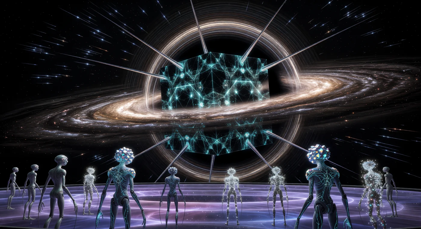 Au cours de l'Âge Galactique (5 000 – 20 000 apr. J.-C.), l'évolution des civilisations a mené à la création de mégastructures stellaires telles que ce Sanctuaire de la Singularité, un hypercube en diamantoïde de 500 kilomètres suspendu aux abords du trou noir Sagittarius A*. Sur une plateforme protégée par un champ de plasma, des entités post-biologiques à la morphologie longiligne et des avatars numériques contemplent la « Grande Computation » au milieu des distorsions gravitationnelles du disque d'accrétion. Cette architecture monumentale, ancrée contre les effets de la dilatation temporelle, illustre une ère où l'ingénierie et les constantes fondamentales de l'univers ont fusionné pour redéfinir les limites de la conscience et de l'espace-temps.