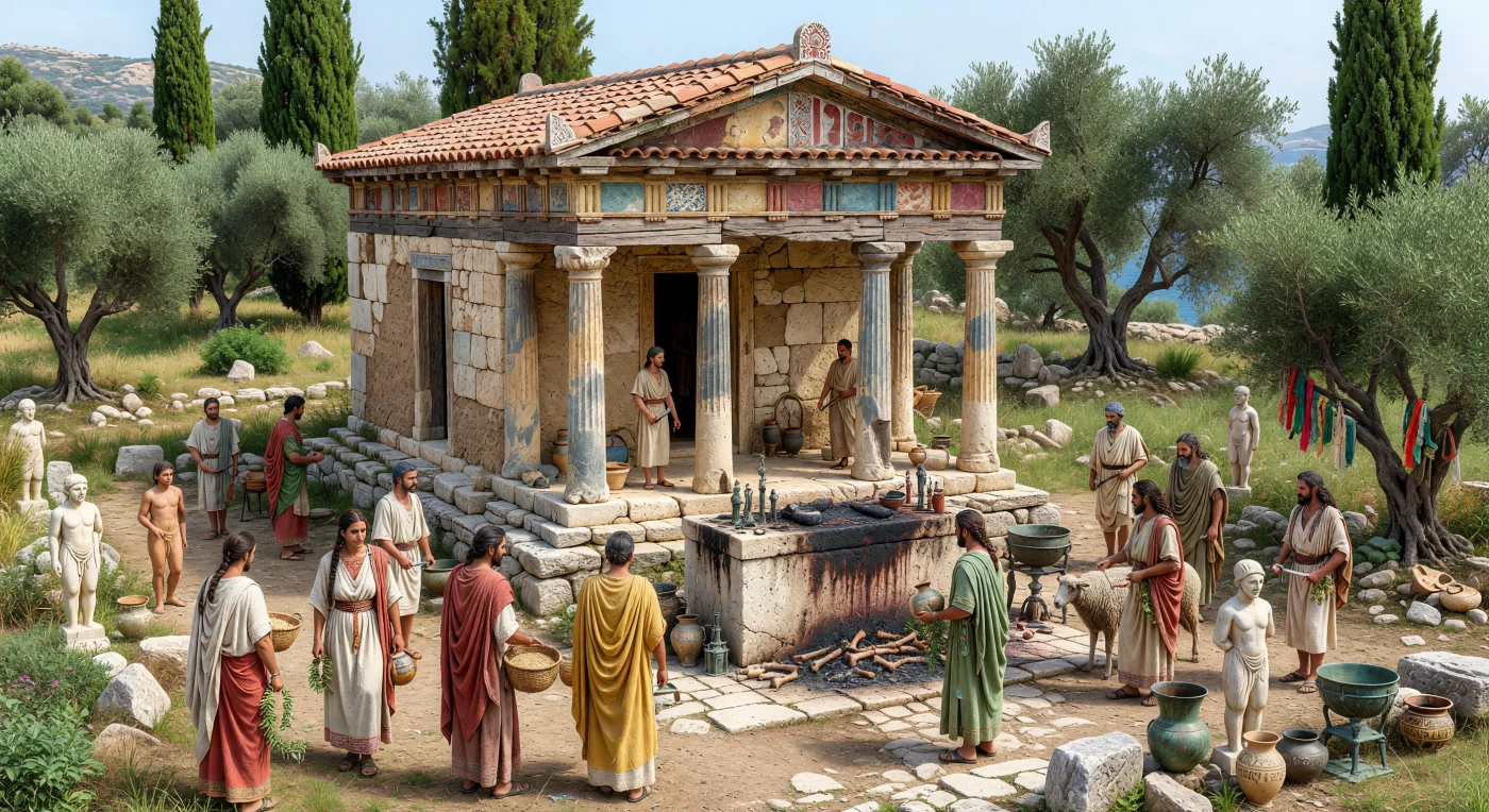 Neste santuário grego arcaico do mar Egeu, os fiéis avançam por um recinto sagrado poeirento em direção a um templo retangular de calcário e madeira, com colunas pintadas e telhado de terracota colorida, enquanto o altar à frente surge enegrecido pelo fumo de sucessivos sacrifícios. As suas vestes de lã e linho — peplos, quítons e himátia — revelam a vida real do século VI a.C., longe da perfeição marmórea associada à Grécia clássica posterior. O espaço, cheio de estátuas votivas rígidas, trípodes de bronze, cerâmicas pintadas e sinais de oferendas animais, mostra como os santuários eram centros vivos de culto, comunidade e contacto com o mundo mediterrânico mais vasto.