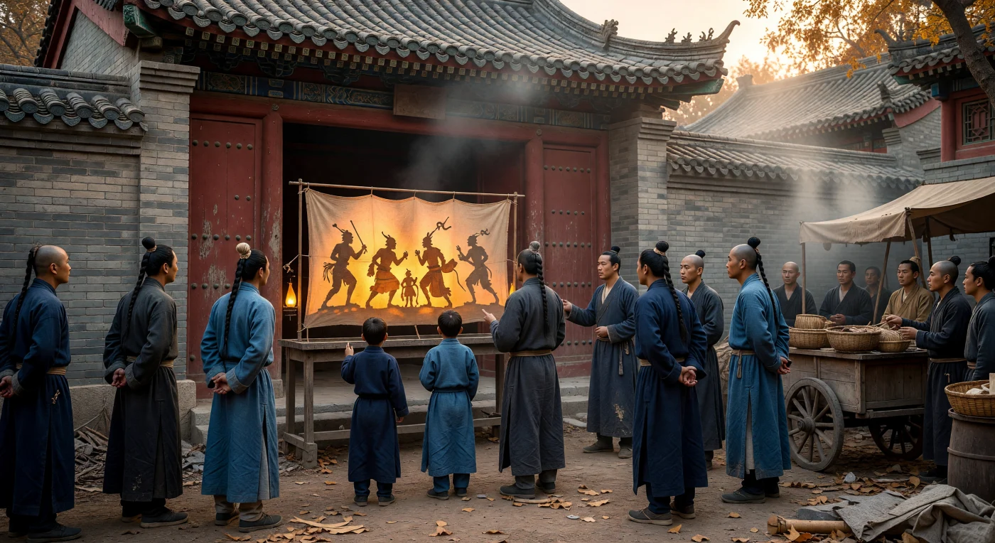 In dit levendige straatbeeld van het 18e-eeuwse Peking verzamelt een menigte zich rond een traditioneel schaduwtheater, waar verfijnde poppen van ezelsleer tot leven komen tegen een verlicht scherm. De toeschouwers dragen de verplichte 'queue' of vlecht, een uiterlijk symbool van de mantsjoe-overheersing over de Han-bevolking tijdens de Qing-dynastie. Tegen de achtergrond van een karakteristiek grijsstenen *Siheyuan*-hofjeshuis vangt het warme licht van olielampen de opstuivende stofdeeltjes, wat de dagelijkse dynamiek en het gemeenschapsleven in de keizerlijke hoofdstad prachtig illustreert.