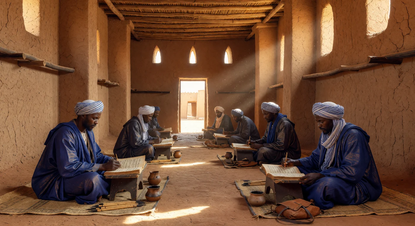 In the dim, cool interior of Timbuktu’s Sankore Mosque, West African scholars of the late 17th century examine Arabic manuscripts detailing advanced treatises on medicine and Maliki law. Dressed in voluminous indigo-dyed robes, these intellectuals represent the enduring legacy of the Songhai and Mandé scholarly traditions that transformed the Sahel into a premier global center of Islamic learning. The surrounding Sudano-Sahelian architecture, with its hand-plastered adobe walls and rhythmic wooden torons, illustrates the sophisticated engineering used to foster intellectual rigor within the challenging Saharan climate.
