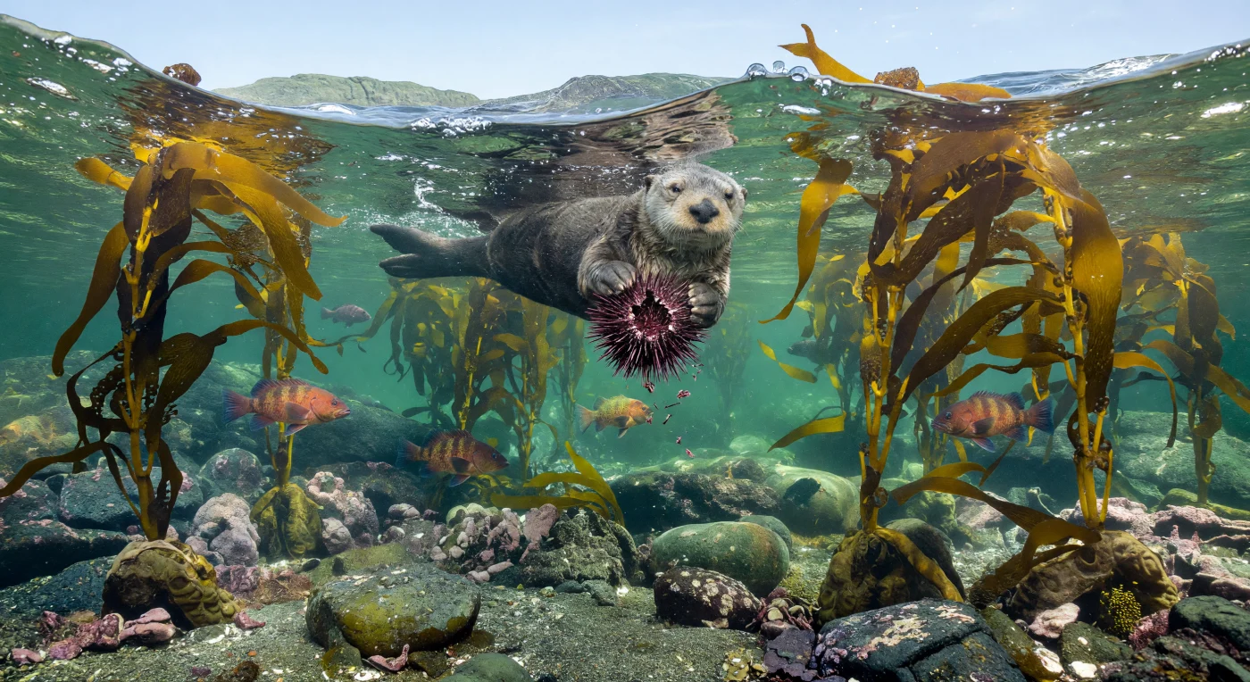 In the cool, sunlit shallows of the Northeast Pacific near the end of the last Ice Age, a sea otter (Enhydra lutris) floats on its back and cracks open a sea urchin (Strongylocentrotus) amid towering forests of giant kelp, Macrocystis pyrifera. Sebastes rockfish hover among the kelp stipes above a rocky, glaciated seafloor, illustrating a nearshore ecosystem that would have looked strikingly familiar to modern observers. This scene represents a kelp forest during the Late Pleistocene to early Holocene, roughly 15,000–10,000 years ago, when cooler waters, strong swell, and shifting coastlines shaped productive marine habitats along Ice Age coasts.
