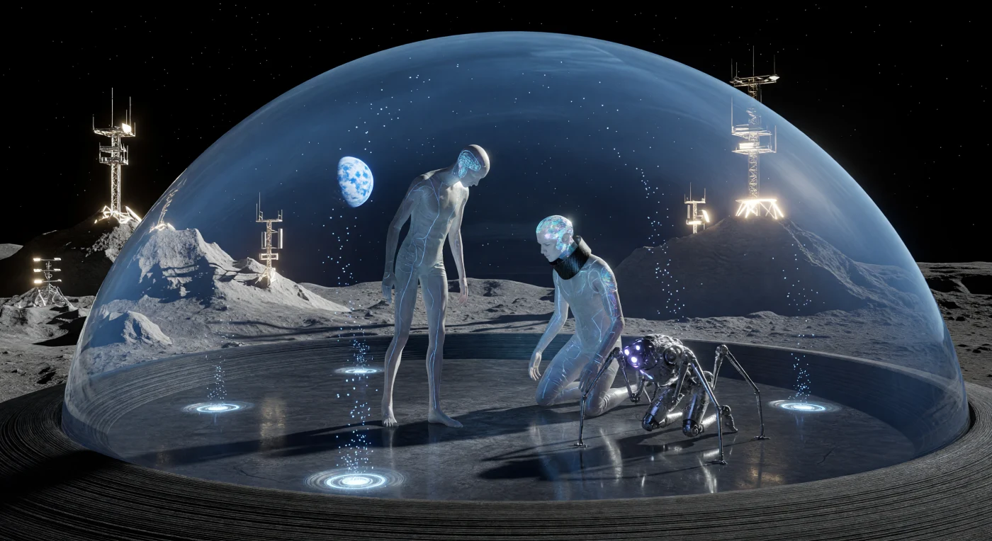 In dieser Rekonstruktion vom Rand des Shackleton-Kraters betrachten Bewohner der Ära des „Augmented Dawn“ (ca. 2050–2100 n. Chr.) die ferne Erde, während das bläuliche Licht auf polierten Basaltböden reflektiert. Die Darstellung verdeutlicht die evolutionäre Divergenz jener Epoche: Zu sehen sind die grazilen, an die geringe Schwerkraft angepassten „Selene-Geborenen“, neurologisch modifizierte Techniker sowie die „Hollowed“, deren Bewusstsein in spezialisierten Roboterchassis ruht. Inmitten von 3D-gedrucktem Mond-Regolith und den „Gipfeln des ewigen Lichts“ markiert dieses Ritual den Übergang der Menschheit von einer terrestrischen zu einer lunaren Zivilisation, die durch technologische Symbiose und die Gewinnung von Helium-3 geprägt wurde.
