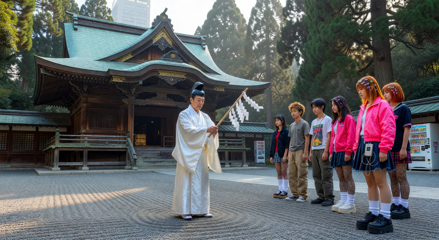 Ein Shinto-Priester in traditionellen weißen Jo-e-Gewändern vollzieht ein Reinigungsritual an einem Meiji-Schrein, während im Hintergrund die Wolkenkratzer des modernen Tokio aufragen. Er kontrastiert scharf mit den umstehenden Jugendlichen, deren auffällige Harajuku-Mode der 1990er Jahre, inklusive Plateauschuhen und „Loose Socks“, den rasanten gesellschaftlichen Wandel dieser Ära widerspiegelt. Diese Szene verdeutlicht die für das Japan des späten 20. Jahrhunderts charakteristische Koexistenz von tief verwurzeltem spirituellem Erbe und einer hypermodernen, globalisierten Urbanität.