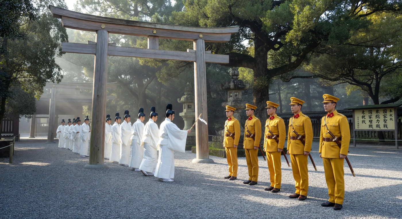 Imperial Japanese Army officers in Type 98 uniforms stand at rigid attention as Shinto priests perform a purification rite beneath a towering unpainted cedar torii gate in early 1940s Tokyo. This scene illustrates the profound intersection of military discipline and State Shintoism, which served as a spiritual and ideological cornerstone of the Japanese Empire during the Second World War. The heavy morning mist and traditional architecture underscore the solemn, nationalistic atmosphere that characterized the Japanese home front during the height of the Pacific conflict.