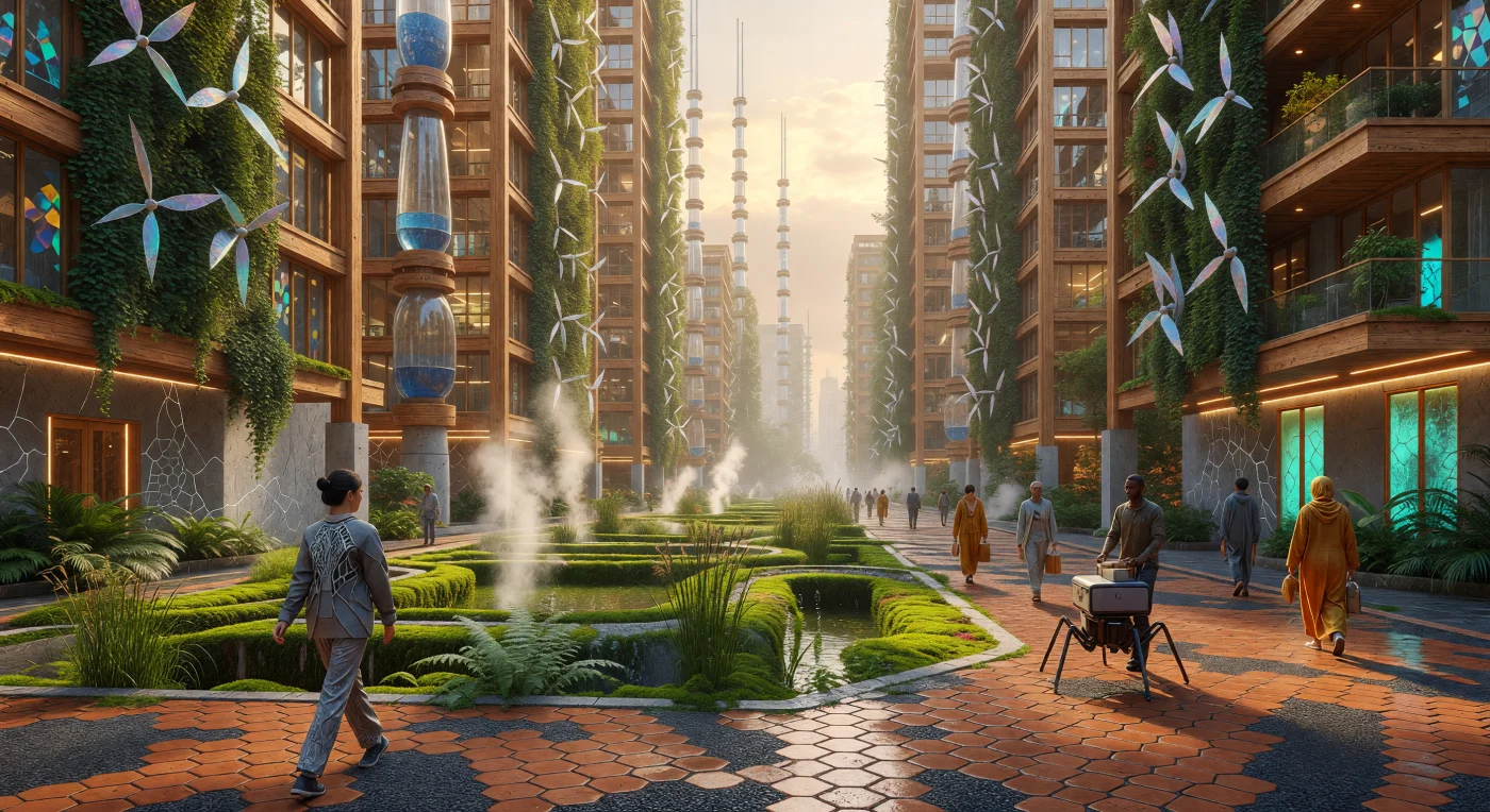 यह चित्र 'द थ्रेशोल्ड' (2025–2050) नामक संक्रमणकालीन युग के एक 'स्पंज सिटी' गलियारे को दर्शाता है, जहाँ वास्तुकला और जीवविज्ञान के बीच का अंतर समाप्त हो गया है। टेराकोटा के छिद्रपूर्ण रास्तों के बीच स्थित इन गहरे बायोस्वैल्स में इंजीनियर किए गए फ़र्न और जल-शोधक काई की प्रचुरता है, जो भारी मानसून के बाद प्रभावी जल प्रबंधन का कार्य करते हैं। पृष्ठभूमि में खड़े विशाल 'प्लाईस्क्रेपर्स' *Bacillus pseudofirmus* बैक्टीरिया युक्त 'जीवित कंक्रीट' और वायु-शोधक आइवी (ivy) से ढके हैं, जो जलवायु परिवर्तन के प्रति मानवता के इस साहसी और सहजीवी अनुकूलन को प्रमाणित करते हैं।