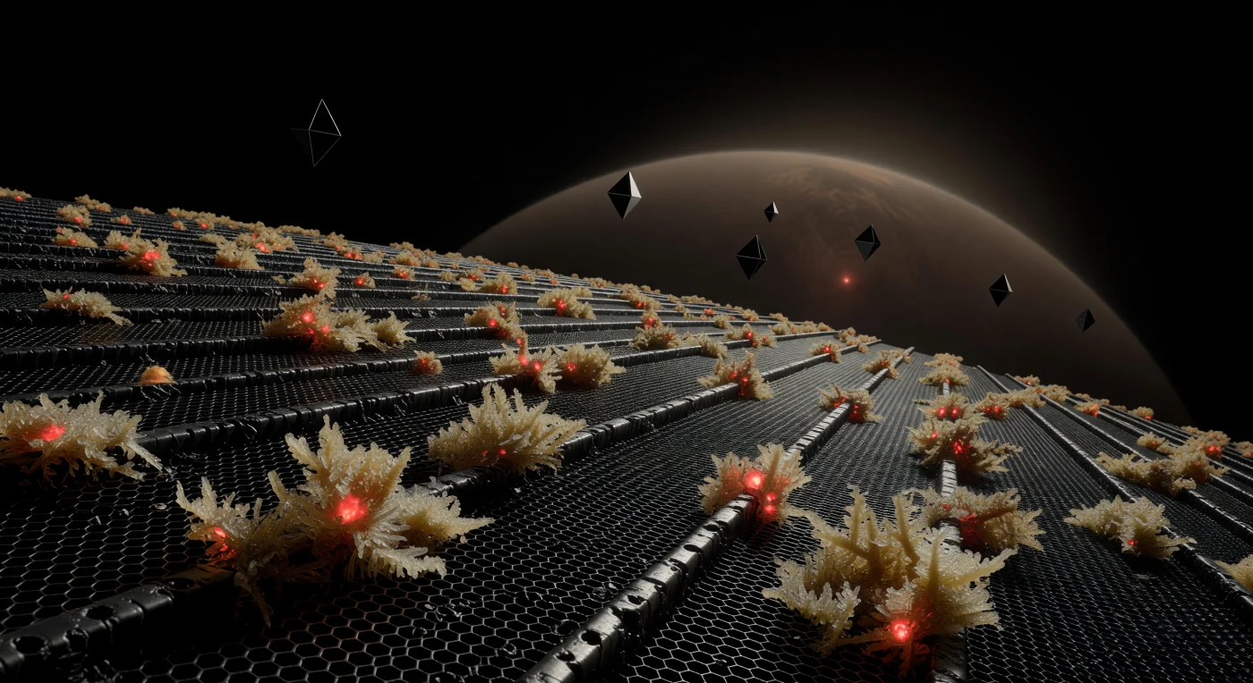 During the Horizon Era (c. 100,000–1,000,000 CE), the remnants of post-biological civilizations are home to "Vacuum-Feral Extremophiles," engineered silicon-based organisms that thrive in the hard vacuum of deep space. These translucent, amber-hued crystalline clumps are seen here clinging to the carbon-nanotube lattice of a planetary-scale radiator fin, pulsing with a cherry-red glow as they metabolize leaking waste heat. By adopting fractal L-system growth patterns, these lithic mosses maximize their surface area to scavenge infrared energy from the massive, silent megastructures of a dying solar system.