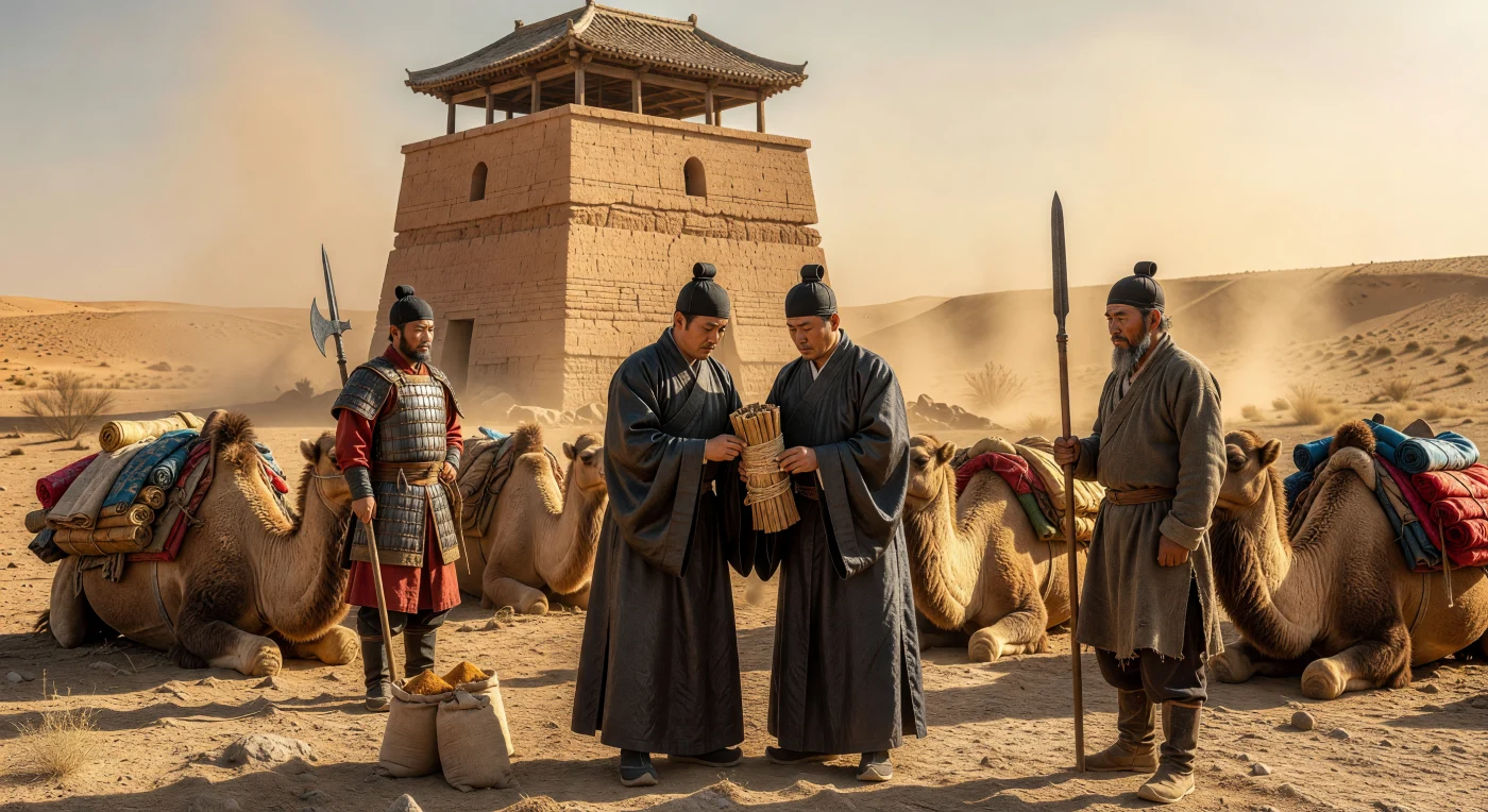 At a remote Han Dynasty outpost near Dunhuang, Chinese officials meticulously inspect wooden ledger slips presented by a Sogdian merchant, whose Bactrian camels carry precious silk and spices across the Gobi Desert. The scene captures the rigorous bureaucratic control of the 2nd-century Silk Road, set against a massive rammed-earth watchtower that served as a vital link in the empire’s frontier defense. This interaction highlights the complex cultural and economic exchange between the Han administration and Central Asian traders that defined early transcontinental commerce.