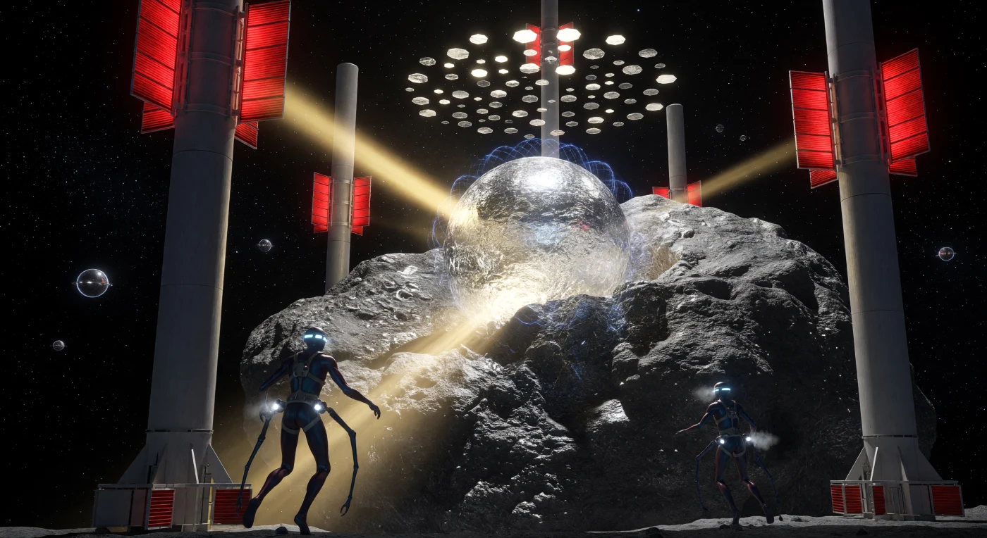 During the Interstellar Dawn (c. 3000–5000 CE), the Sol System was transformed into a high-efficiency industrial hub where nickel-iron asteroids were liquefied by concentrated solar beams reflected from distant statite mirror swarms. This scene illustrates the "Great Rearrangement," featuring vacuum-adapted Litho-Sapiens—post-human entities with radiation-shielded obsidian skin—navigating near a magnetic containment lattice that holds a three-kilometer sphere of white-hot molten metal. To maintain thermodynamic stability in the vacuum of the Main Belt, massive radiator fins on the support pylons glow cherry-red as they bleed off the immense waste heat generated by this Kardashev 1.9-scale engineering.