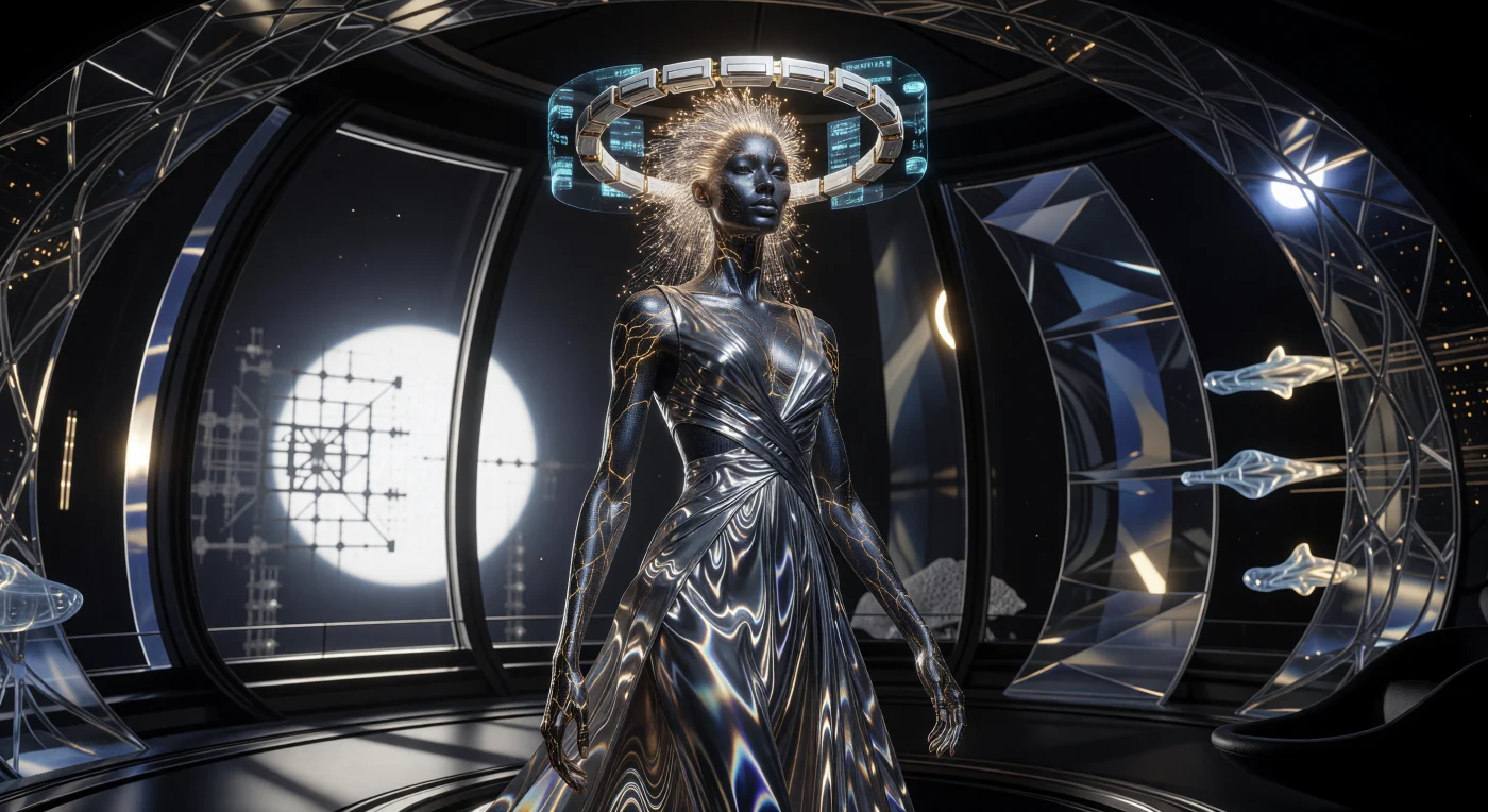 This portrait captures a high-status representative of the "Solar Ideal" during the Solar Expansion (c. 2500–3000 CE), a period defined by the radical biological adaptation of humanity to the vacuum of space. The individual exhibits elongated limbs optimized for low-gravity environments and sub-dermal "Lume-Veins" integrated with radiation-shielding iridium mesh. In the background, the silhouette of a burgeoning Dyson swarm illustrates the era’s monumental shift toward harvesting the full energy output of the sun.