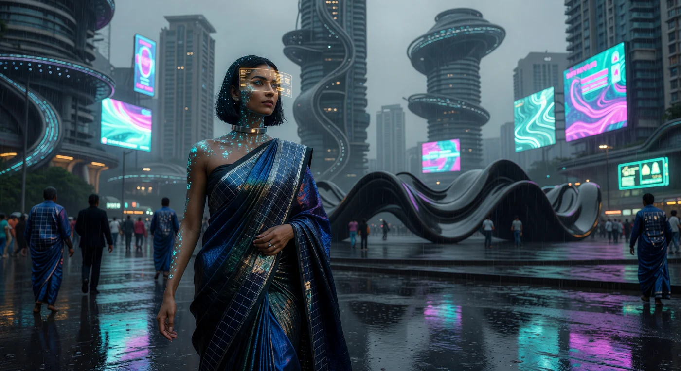 In den 2040er Jahren, dem Scheitelpunkt der als „The Threshold“ bekannten Ära, verschmolzen menschliche Biologie und adaptive Technologie zu einer untrennbaren Einheit. Diese Bewohnerin von New Mumbai trägt einen intelligenten Sari aus Myko-Seide – einem kohlenstoffnegativen Hybrid aus Myzel und Spinnenseide –, dessen eingewebte Solarfolien auf die kühle Feuchtigkeit des Monsuns reagieren und ihre Farbe von Indigo zu vulkanischem Schwarz wandeln. Ihr Erscheinungsbild, geprägt durch subdermale Luciferase-Tattoos und einen durch Magnetstaub fixierten „Static Crop“, illustriert die radikale Transformation des Körpers in ein responsives, bio-digitales Kunstwerk inmitten einer 4D-gedruckten Architekturlandschaft.