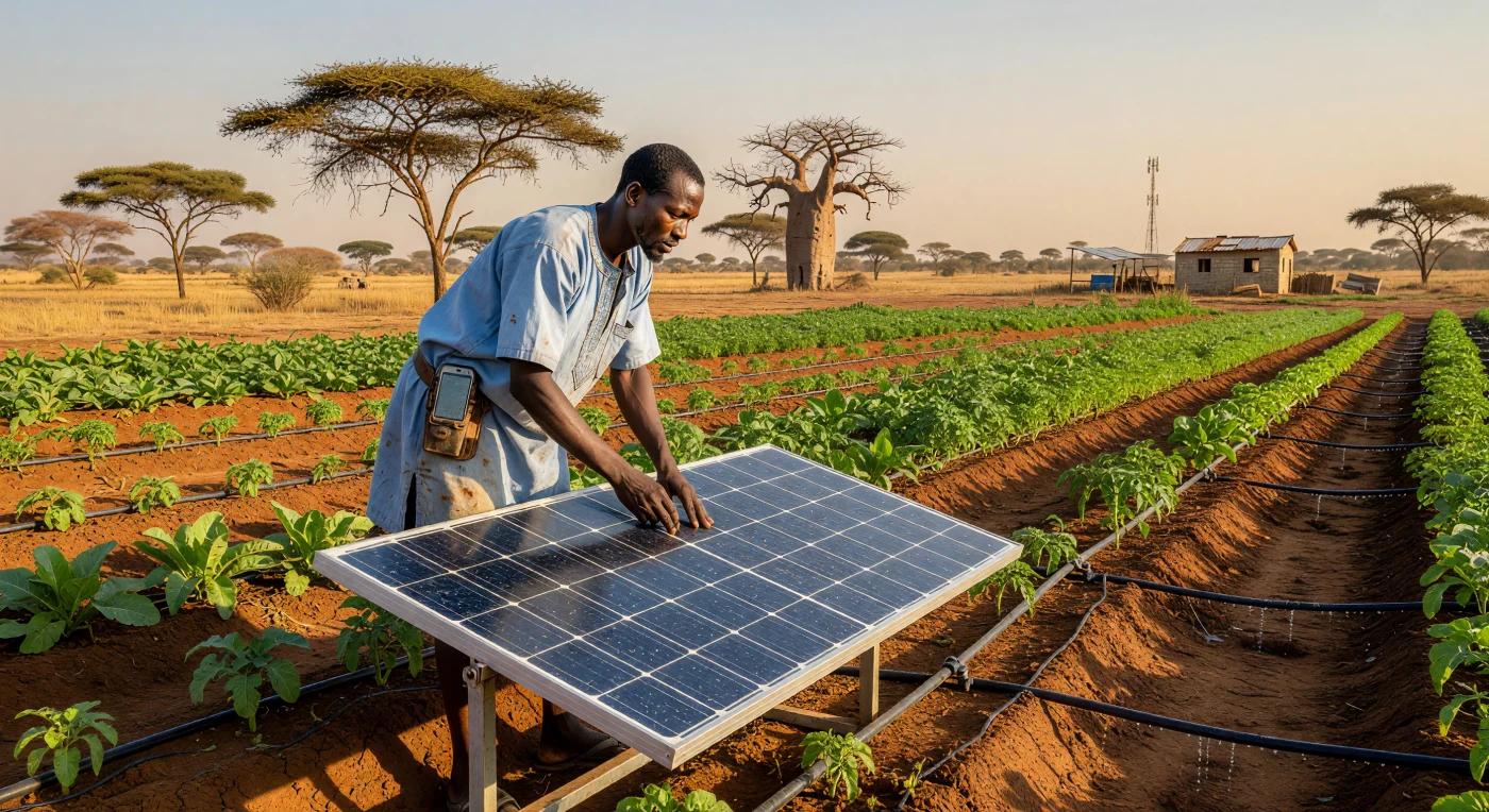 Ein westafrikanischer Landwirt justiert unter der gleißenden Nachmittagssonne ein modernes Solarpaneel, das ein effizientes Tröpfchenbewässerungssystem in der kargen Sahelzone mit Energie versorgt. Diese Szene verdeutlicht das „technologische Überspringen“ (Leapfrogging) im frühen 21. Jahrhundert, bei dem ländliche Regionen Afrikas veraltete Infrastrukturen zugunsten nachhaltiger, digital vernetzter Innovationen umgingen. Inmitten der rötlichen Lateriterde symbolisieren die Photovoltaikanlage und das Smartphone am Gürtel des Mannes die erfolgreiche Verbindung von traditioneller Landwirtschaft und grüner High-Tech-Innovation im Kampf gegen den Klimawandel.