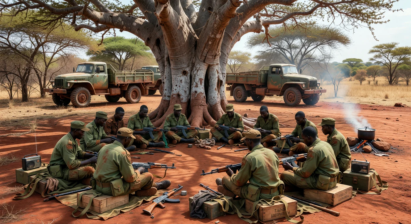 Bajo la sombra de un imponente baobab en la provincia de Cuando Cubango, soldados de las FAPLA limpian meticulosamente sus fusiles AK-47 sobre el vibrante suelo de laterita roja. Esta escena de finales de los años 70 captura la cotidianidad de la Guerra Civil Angoleña, donde la presencia de camiones soviéticos Ural-375D evidencia el papel crucial del apoyo internacional durante la Guerra Fría. La imagen refleja la tensa calma y la disciplina de los combatientes en un paisaje africano marcado por la transición del colonialismo a una independencia profundamente disputada.