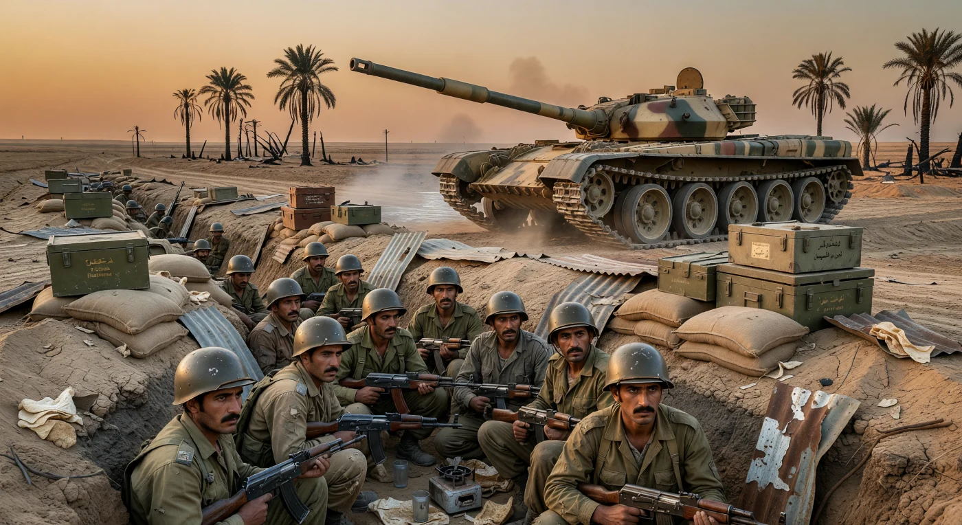 Soldados exaustos em uniformes verde-oliva e capacetes de aço abrigam-se em uma trincheira fortificada na planície mesopotâmica, acompanhados por um tanque soviético T-62 que repousa sob o sol poente. Esta cena retrata a dura realidade da Guerra Irã-Iraque (1980-1988), um dos conflitos mais longos e sangrentos do século XX, caracterizado por uma guerra de trincheiras devastadora e pelo uso massivo de tecnologia militar da era soviética. O ambiente, repleto de poeira e detritos de suprimentos, reflete a exaustão humana e a escala industrial de um confronto que definiu a geopolítica contemporânea da região.