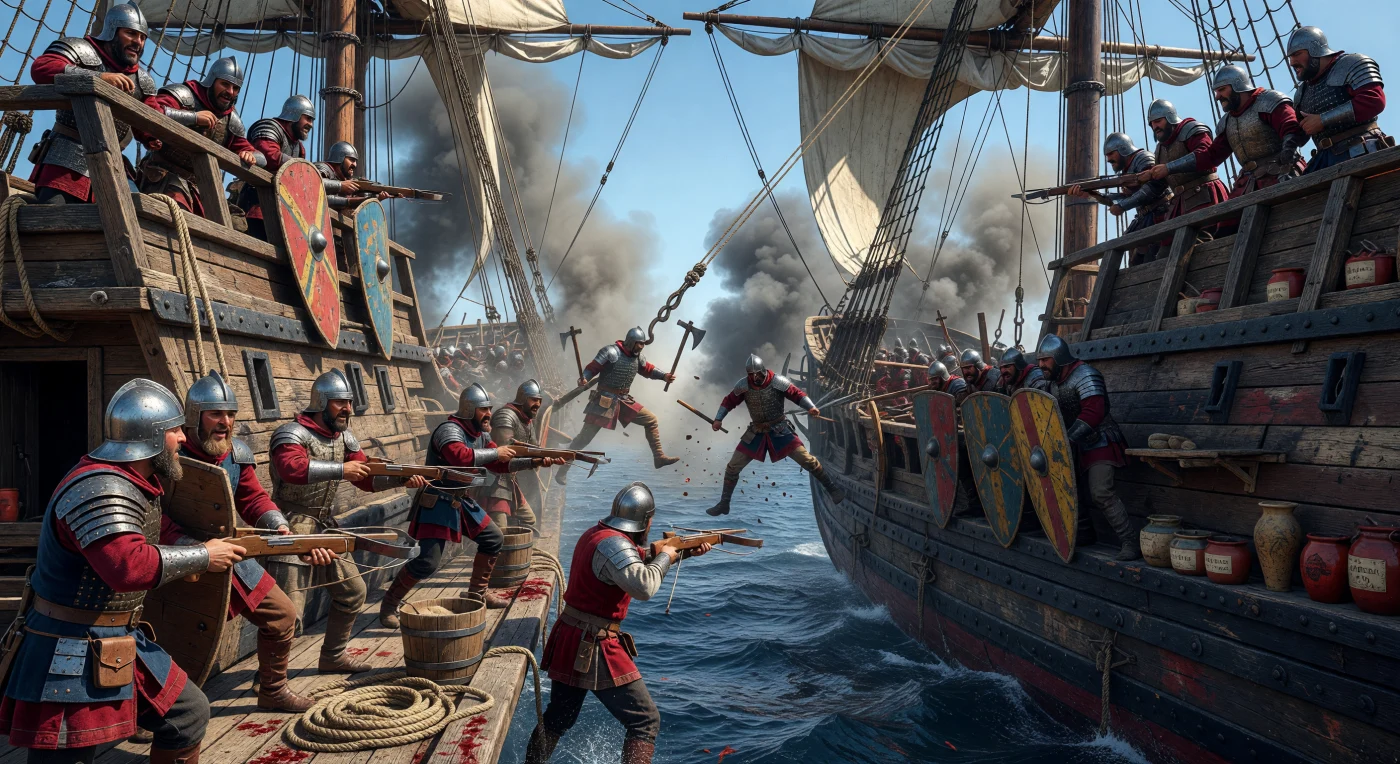 Nesta cena brutal do final do século XV, duas naus mediterrâneas estão travadas em um combate feroz, envoltas pela fumaça densa de bombardas e armas de pólvora primitivas. Soldados equipados com capacetes sallet e armaduras de brigantina trocam disparos de besta a partir de altos castelos de proa, enquanto se preparam para uma abordagem sangrenta com machados de armas e falchions. Este momento captura a transição tecnológica da guerra naval medieval, onde a força bruta do combate corpo a corpo começou a fundir-se com o poder destrutivo da artilharia inicial sobre as águas do Mediterrâneo.