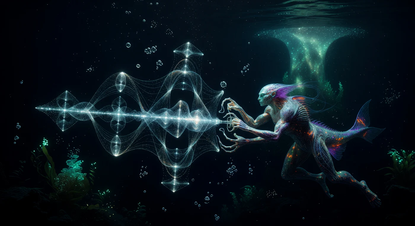 In the abyssal depths of the ocean world Tau Ceti e, a Cetus-Sapien artist utilizes high-frequency acoustic emitters to generate sonoluminescent sculptures—glowing geometric fractals formed by the collapse of microscopic gas bubbles. These post-human inhabitants, engineered with carbon-nanotube-reinforced skin to survive extreme pressures and 1.6g gravity, represent the pinnacle of biological adaptation during the Interstellar Dawn era (c. 3000–5000 AD). The performance translates Earth’s classical Bach Cello Suites into a visual medium, illuminating the dark, 120-kilometer-deep hydrosphere alongside bioluminescent oxygen-kelp and thermal vortex chimneys.