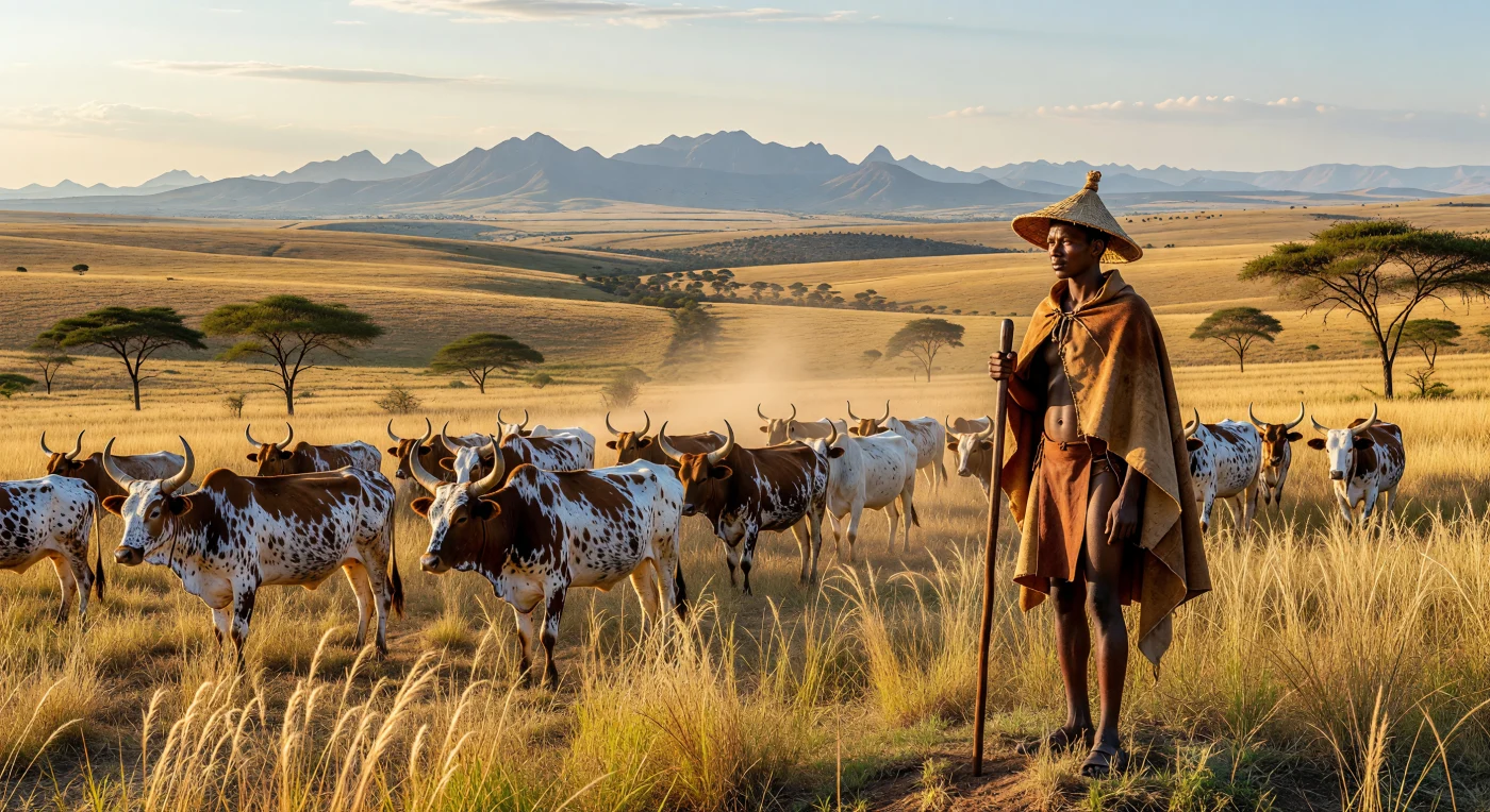 On the sweeping plains of the South African High Veld, a Sotho herder watches over a herd of Nguni cattle, prized for their distinctive "nkone" speckled hides and resilience. The youth is depicted in traditional 19th-century attire, including a hand-woven *mokorotlo* hat and a protective *kaross* cloak of ox-hide, symbolizing the deep cultural and economic bond between the Basotho people and their livestock. This scene captures the region during the Age of Revolutions, a period of significant state-building and social consolidation known as the *Mfecane*, occurring just before the industrial transformations brought by the discovery of diamonds and gold.