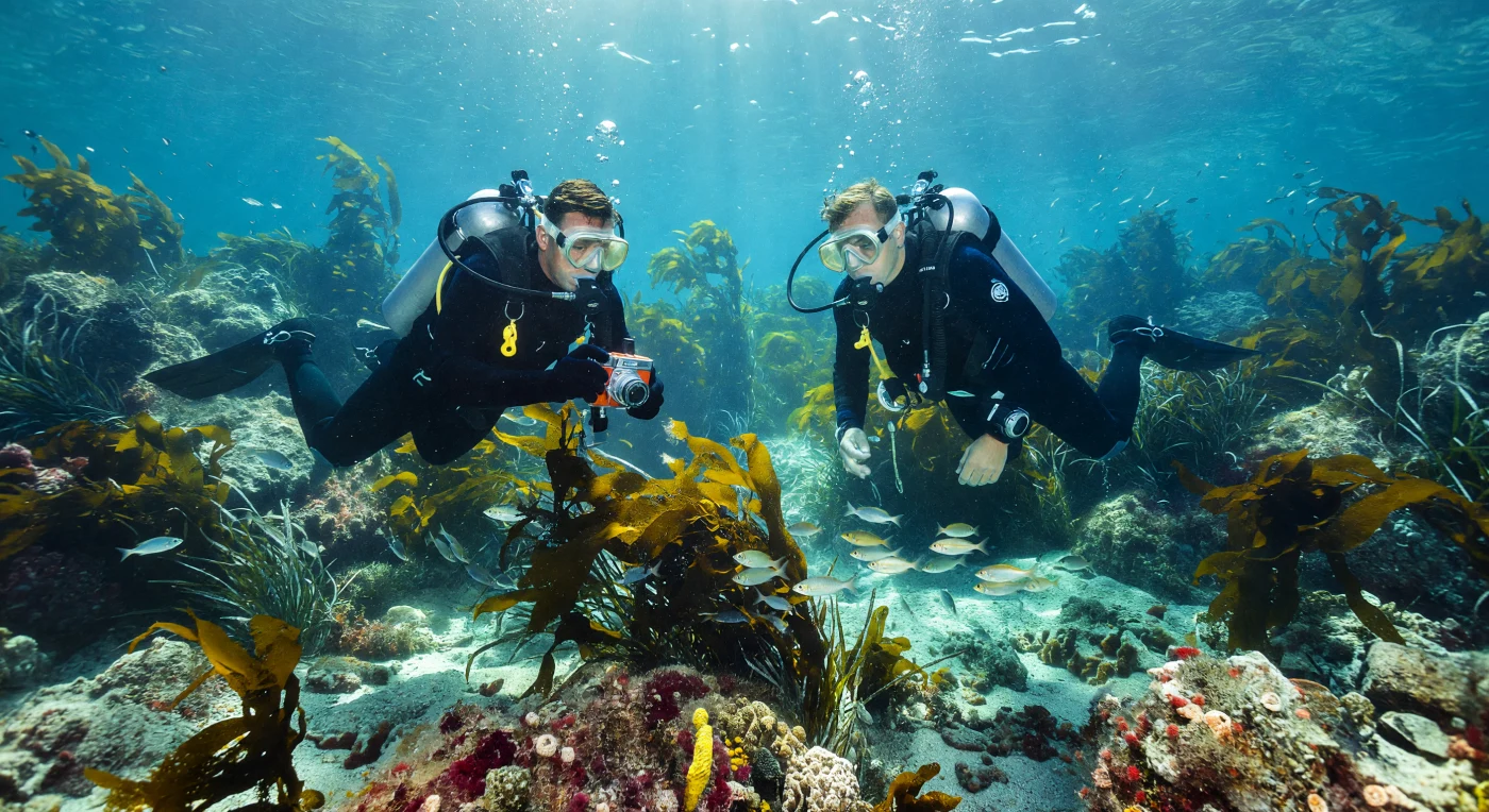 Zwei Taucher erkunden das kristallklare, türkisfarbene Wasser des Mittelmeers, umgeben von dichten Posidonia-Seegraswiesen und Schwärmen silberner Fische. Sie tragen die ikonische Ausrüstung der 1960er Jahre, bestehend aus schwarzen Neoprenanzügen und silbernen Doppelgerät-Aqualungen, während einer von ihnen die Szene mit einer bahnbrechenden Nikonos-Unterwasserkamera dokumentiert. Diese Aufnahme fängt den Pioniergeist der modernen Meeresforschung ein, die durch die Erfindung des Lungenautomaten den Zugang zu den Geheimnissen der Tiefsee für Wissenschaft und Freizeit gleichermaßen revolutionierte.