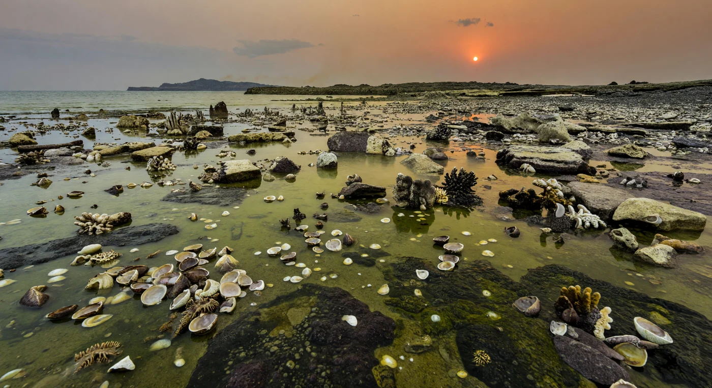 Am Ende des Perms, vor etwa 252 Millionen Jahren, ist ein flacher Randbereich des Panthalassa-Ozeans zu einer lebensfeindlichen Todeszone geworden: grünlich-stagnierendes Wasser schwappt über dichte Lagen frisch abgestorbener Brachiopoden und Muscheln, zwischen Trümmern zusammenbrechender Riffe aus kalkigen Schwämmen und mikrobiellen Karbonatstrukturen. Dunkle mikrobielle Matten breiten sich über Kalkschutt, Crinoidenreste und Schlamm aus, während rötlich-orange Dunstschleier und vulkanische Asche die drückende Hitze der End-Perm-Krise andeuten. Solche an Sauerstoff armen, teils schwefelwasserstoffhaltigen Küstengewässer gehörten zur größten bekannten Massenaussterbewelle der Erdgeschichte, bei der ein Großteil der marinen Arten verschwand und einst artenreiche Ökosysteme in stille, vergiftete Flachmeere zerfielen.
