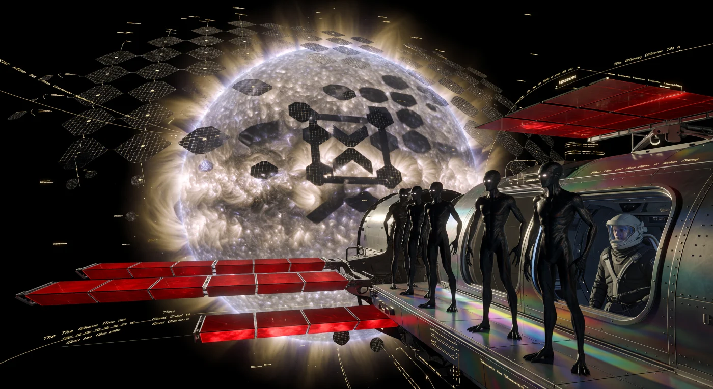 Set in the Sol System during the Interstellar Dawn (c. 3000–5000 CE), this vista captures a "Stellar-Graphy" ritual where thousands of hexagonal statite arrays coordinate to form a geometric sigil against the Sun's churning corona. In the foreground, radiation-hardened Litho-Sapiens and a suited baseline human observe the display from a transit hub, highlighting the diverse modes of existence that emerged following the Great Rearrangement. The scene illustrates the staggering engineering of a Kardashev Type 1.9 civilization, utilizing vast carbon-nanotube mirrors and ruby-red radiator fins to harness and artistically express the power of the ancestral star.