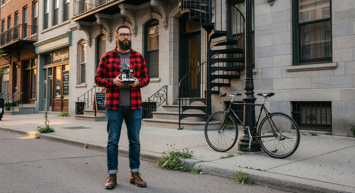 Un giovane uomo dall'estetica "lumbersexual" posa nel quartiere Mile End di Montreal intorno al 2014, incarnando la sottocultura hipster attraverso la sua barba curata, la camicia di flanella a scacchi e una fotocamera Polaroid analogica. La scena, caratterizzata dalle iconiche scale esterne in ferro battuto e da una bicicletta a scatto fisso, illustra la "curata nostalgia" di un'epoca che cercava autenticità tattile in risposta alla crescente dominanza del digitale. Questo ritratto cattura un momento cruciale della cultura urbana del XXI secolo, in cui il recupero del vintage e l'estetica analogica sono diventati simboli di identità e resistenza culturale nel pieno dell'era tecnologica.