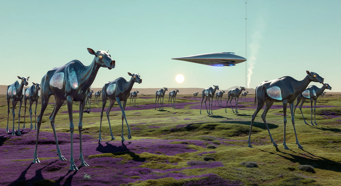 Set within the Vastitas Borealis during the late 30th century, this scene depicts a migration of Strider-Cervids across a vast prairie of engineered, nitrogen-fixing mosses. These four-meter-tall herbivores exhibit specialized adaptations for the 0.38g environment, including elongated limbs and carbon-nanotube-reinforced bone structures. Above the iridescent herd, a teardrop-shaped Noosphere-Walker Proxy glides silently, representing the digital consciousnesses that oversee this lush, terraformed biosphere nearly one thousand years into our future.