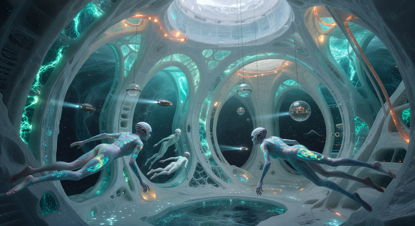 This reconstruction depicts the "Eye of Europa," a massive subterranean cathedral-city anchored to the underside of the moon’s icy crust during the Solar Expansion era (c. 2750 AD). Adapted for high-pressure aquatic environments, post-human inhabitants with elongated limbs and nictitating membranes navigate a five-kilometer-wide atrium illuminated by genetically engineered cyan-bioluminescent algae. The architecture utilizes advanced spin-glass and bio-chitin lattices to withstand the crushing depths of the Jovian subsurface ocean, representing the pinnacle of 28th-century deep-space engineering and urbanism.