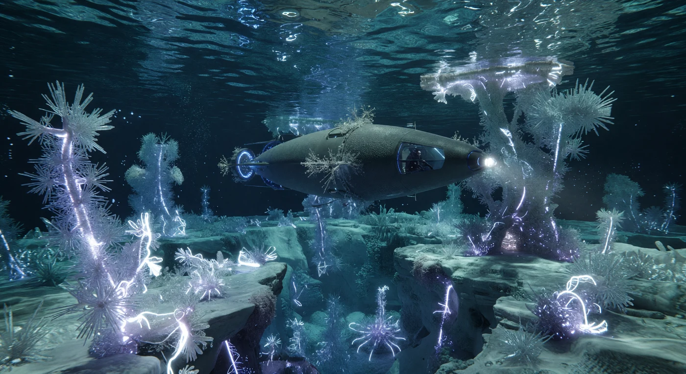 Nesta exploração das profundezas de Xi-Phos, um submersível blindado navega por oceanos de amônia líquida, iluminando colônias de "Gelo Vivo" — microrganismos que formam complexas estruturas dendríticas e se comunicam através de descargas elétricas rítmicas. Datado da Era Galáctica (aprox. 5.000 – 20.000 d.C.), este registro documenta o encontro da linhagem humana *Void-Strider* com uma biologia exótica não baseada em carbono, capaz de prosperar em ambientes criogênicos a -50°C sob pressões esmagadoras. A cena exemplifica a fronteira da exobiologia, onde a química extrema substitui os processos biológicos terrestres convencionais, revelando a resiliência da vida em nichos térmicos antes considerados estéreis.