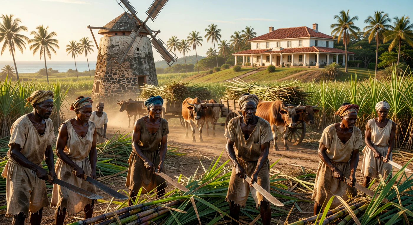 Onder een brandende tropische zon oogsten tot slaaf gemaakte mannen en vrouwen van West-Afrikaanse afkomst suikerriet met zware ijzeren kapmessen, een uitputtende taak die kenmerkend was voor de 18e-eeuwse Caraïben. Op de achtergrond vormt een massieve stenen windmolen het industriële hart van de plantage, terwijl een statig koloniaal landhuis in de verte de diepe sociale ongelijkheid van die tijd benadrukt. Deze scène illustreert de brute realiteit van de suikereconomie, die volledig afhankelijk was van gedwongen arbeid binnen het trans-Atlantische koloniale systeem.
