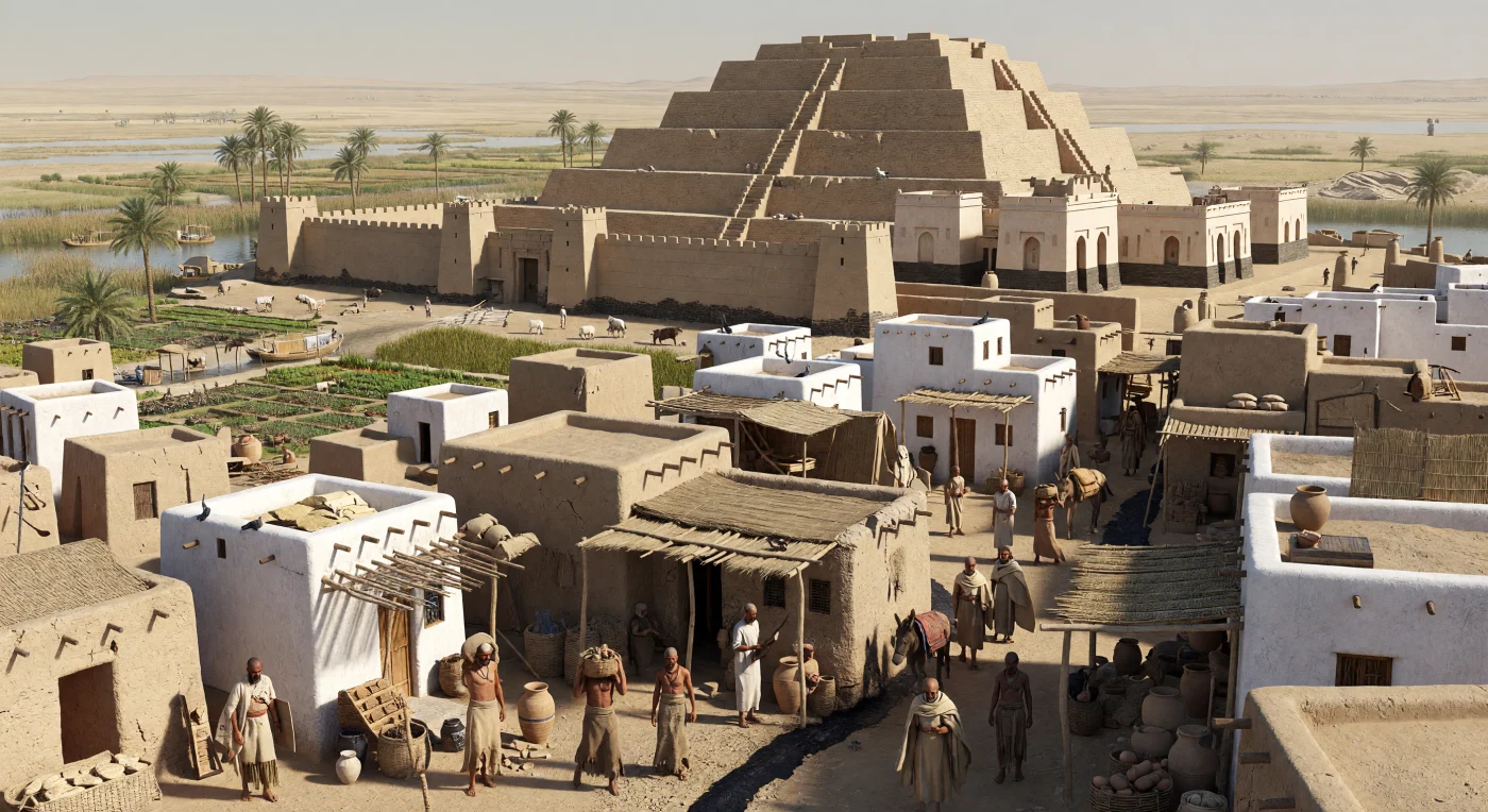 Deze scène toont een Soemerische stad in Zuid-Mesopotamië tijdens de Ur III-periode, rond het einde van het 3e millennium v.Chr., met een monumentale trappiramide of ziggurat die hoog boven dicht opeengepakte huizen van leemtichels uittorent. De heilige wijk met haar tempelterrassen, processietrappen en zware stadsmuur weerspiegelt hoe religie, bestuur en stedelijke macht in Mesopotamië nauw met elkaar verweven waren. Tussen smalle steegjes, ezels, boten langs de kanalen en dragers met kleitabletten en manden ontvouwt zich het dagelijks leven van een van de vroegste stedelijke beschavingen ter wereld.