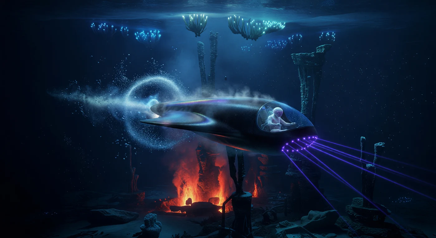A Manta-class submersible streaks through the abyssal depths of Europa’s subsurface ocean, encased in a supercavitating steam bubble generated by high-frequency lasers to overcome extreme fluid resistance. Set during the Great Divergence (c. 2200–2500 CE), the scene captures the technological mastery of *Homo adaptus*, a post-human lineage genetically engineered with bio-sonar and pressure-resistant physiology for life in the Jovian void. In the background, massive hydrothermal "smokers" and engineered bioluminescent flora provide the thermal energy and chemical nutrients essential for sustaining this sunless, high-pressure civilization.