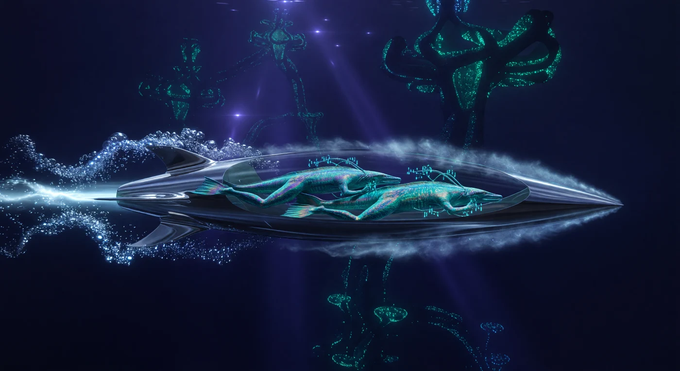 A needle-shaped supercavitating "slip-sled" streaks through the dark indigo depths of Tau Ceti e, encased in a shimmering bubble of gaseous water vapor that eliminates fluid drag. Set during the Interstellar Dawn (c. 3000–5000 AD), this scene illustrates the advanced hydro-technology of the Cetus-Sapiens, bio-engineered descendants of Earth who have adapted to the crushing pressures and 1.6g gravity of this 120-kilometer-deep ocean world. The vessel’s glowing wake of sonoluminescent bubbles illuminates the distant Bio-Lattice, a planet-wide network of engineered coral-computers that manages the oceanic ecosystem. Inside the craft, sleek, iridescent pilots utilize their four articulated tendrils and lateral-line sensors to navigate the high-speed transit through the abyss.