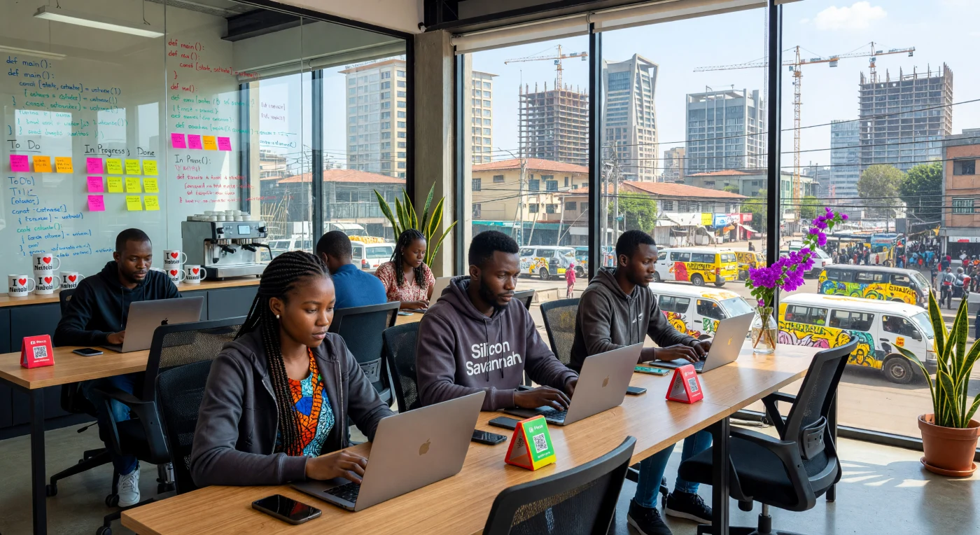 Giovani programmatori kenioti collaborano in un moderno ufficio nel distretto di Westlands a Nairobi, cuore pulsante della cosiddetta "Silicon Savannah". L'immagine cattura l'era del salto tecnologico africano dell'inizio del XXI secolo, un periodo in cui l'innovazione digitale e le soluzioni mobili hanno trasformato radicalmente l'economia e il tessuto urbano del continente. Tra pareti di vetro ricoperte di codice e una vista sullo skyline in costante espansione, questi professionisti rappresentano la nuova generazione "Afropolitana" che guida con ambizione l'integrazione dell'Africa nel mercato tecnologico globale.