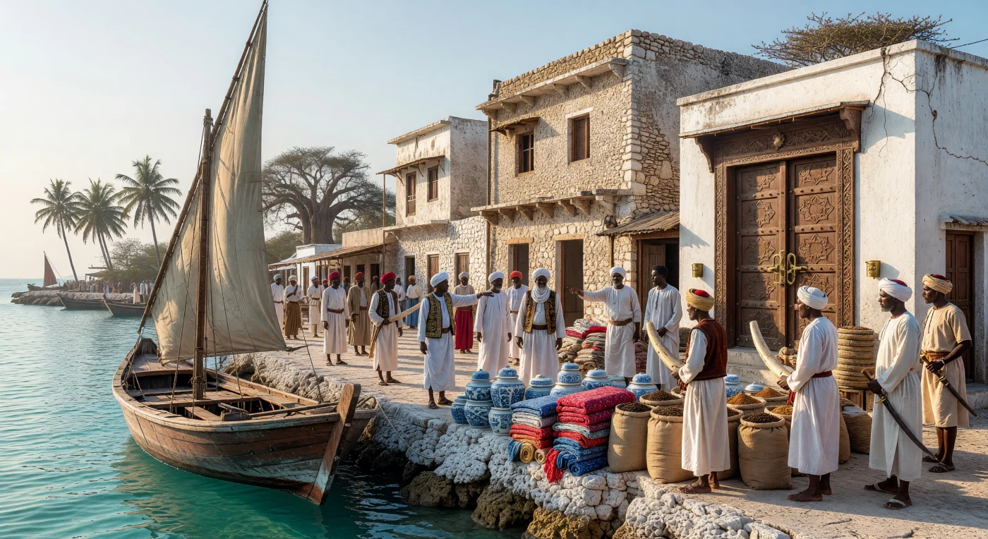 A wooden sambuk dhow with a traditional lateen sail docks at the bustling harbor of 18th-century Zanzibar, where merchants unload prized Indian calico and Chinese porcelain onto quays built from white coral stone. This scene illustrates the Swahili Coast's role as a primary gateway in the Indian Ocean trade network, a period marked by the powerful cultural and economic influence of the Omani-Swahili elite. The background showcases the region’s distinctive architecture, including intricately carved teak doors and limestone-plastered buildings that reflect a unique synthesis of African, Arabian, and Indian styles. Such maritime hubs were essential for the global exchange of ivory, spices, and textiles that defined the Early Modern Era in East Africa.