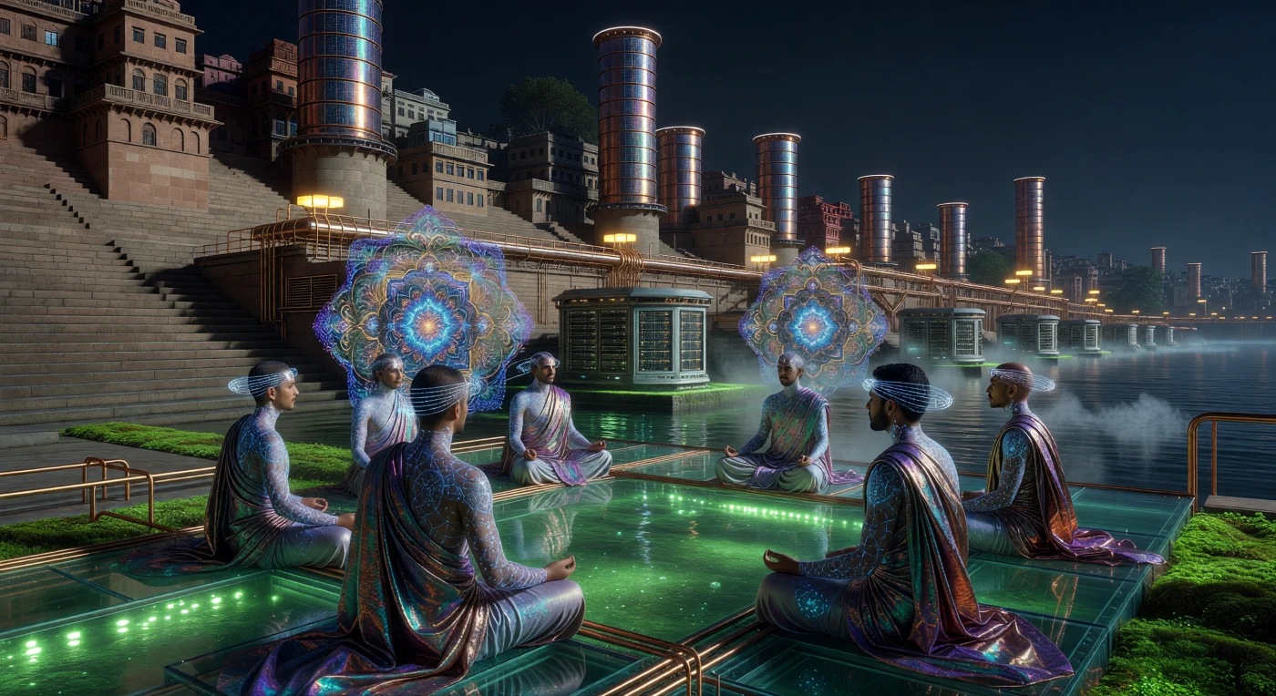 At the height of the Threshold era (c. 2048), the Varanasi riverfront serves as a critical nexus for both spiritual practice and high-entropy digital preservation. Augmented Siddha-Sync devotees utilize fiber-optic neural interfaces to manifest Synaesthetic Raags, while the purified Ganges flows through graphene-reinforced channels to cool the massive "Preta-Cloud" server banks submerged below. This nocturnal landscape, illuminated by orbital mirrors and bioluminescent algae, demonstrates the sophisticated adaptation of South Asian society to the extreme thermal demands of the mid-21st century.