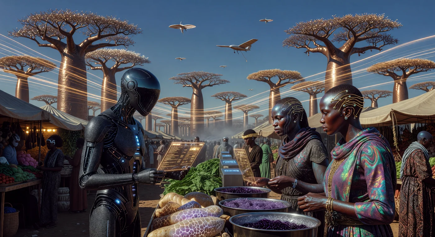 In this scene from the year 2088, a Digital Ancestor—a synthetic entity housed in a biomimetic graphene-lattice chassis—negotiates with Augmented Merchants in the Sahelian marketplace of New Agadez. Set during the "Augmented Dawn," this era represents a Type 0.85 Kardashev civilization where humanity thrives through neural-link technology and CRISPR-optimized agriculture, such as the translucent fractally-patterned tubers shown here. The environment is sustained by the Great Green Wall 2.0, a smart-forest of carbon-sequestering baobabs, while holographic "Eco-Proprioception" overlays provide real-time data on the health of the reclaimed African ecosystem.