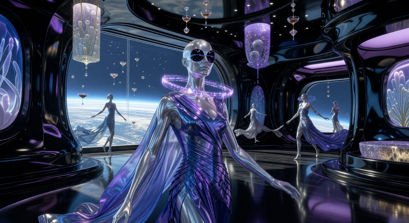 Dans cet atrium en microgravité datant de la Grande Divergence (2200-2500), un Synthétique Orbital « Ascendant » arbore une silhouette allongée, adaptation biologique à la vie en orbite basse. Sa peau, infusée de nitrate d'argent, scintille sous l'éclat d'une parure en « Soie-Caméléon », un textile de métal liquide dont les dégradés ultraviolets réagissent en temps réel à ses impulsions neuronales. Équipé de capteurs oculaires en obsidienne et d'un halo de données cristallines, cet individu illustre la fracture esthétique et technologique radicale d'une humanité ayant délaissé ses racines terrestres pour la perfection géométrique du vide.