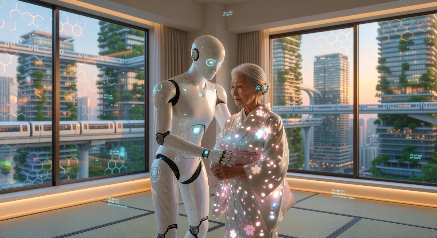 In einem Wohnkomplex im Osaka des Jahres 2045 assistiert ein humanoider Pflegesynthet aus perlweißen Kohlenstofffasern einer Seniorin, deren kimonoartige Kleidung mittels elektrochromer Fäden ein lebendiges Sakura-Muster webt. Diese Momentaufnahme aus der Epoche der „Schwelle“ illustriert die technologische Integration einer Gesellschaft, die durch die Beherrschung der Kernfusion und hocheffizienter Perowskit-Solarbeschichtungen eine Kardaschow-Stufe von 0,78 erreichte. Zwischen synthetischen Tatami-Matten und neuronalen Typ-IV-Schnittstellen verschmelzen hier biologisches Leben und künstliche Intelligenz zu einer neuen, symbiotischen Existenzform im urbanen Ökosystem Ostasiens.