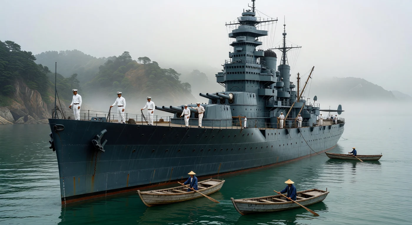 This scene captures the imposing profile of a *Takao*-class heavy cruiser anchored in the misty waters of Kure Harbor circa 1938, a period of rapid naval expansion for the Imperial Japanese Navy. The ship’s distinctive "pagoda" bridge towers over a teak-planked deck where sailors in white summer uniforms perform morning duties, reflecting the rigid military discipline of the era. Below the steel hull, traditional wooden *sampans* manned by local fishermen offer a stark contrast between Japan’s centuries-old maritime traditions and its burgeoning industrial military power on the eve of the Pacific War.