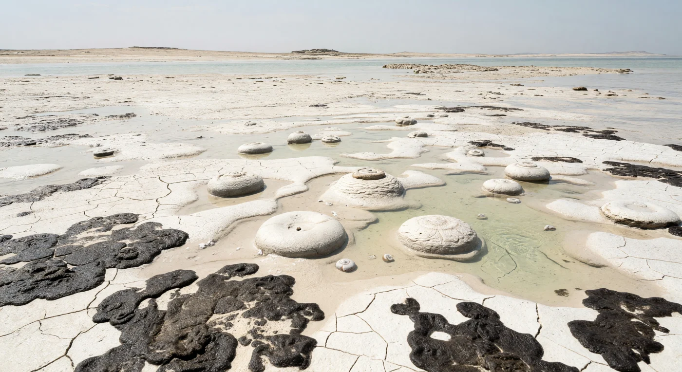 Bajo el sol implacable del Triásico temprano, hace unos 252 millones de años, esta llanura mareal de la Tetis muestra una costa casi desierta tras la gran extinción del final del Pérmico. Sobre el barro carbonatado agrietado se extienden tapetes microbianos oscuros y pequeños domos estromatolíticos, mientras diminutos ammonoideos ceratítidos, de tipo Ceratites, quedan atrapados en canales de marea someros. La casi total ausencia de arrecifes, corales y otros animales bentónicos revela un ecosistema empobrecido, donde los microbios dominaron temporalmente la recuperación de los mares.