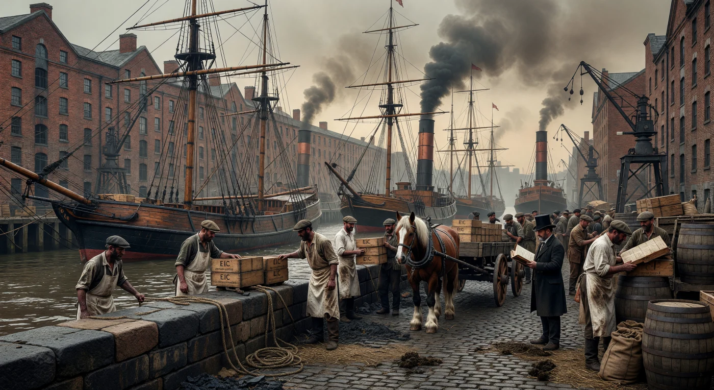 This mid-19th-century view of the London Docks captures a pivotal moment in maritime history as traditional wooden tea clippers share the crowded Thames with emerging coal-fired paddle steamers. The soot-stained granite quays and towering red-brick warehouses reflect Britain's status as the "workshop of the world," fueled by the labor of an expanding urban proletariat and the global reach of the East India Company. This industrial landscape, shrouded in a mixture of river mist and coal smoke, illustrates the transformative shift from the age of sail to the dominance of steam power during the height of the Industrial Revolution.