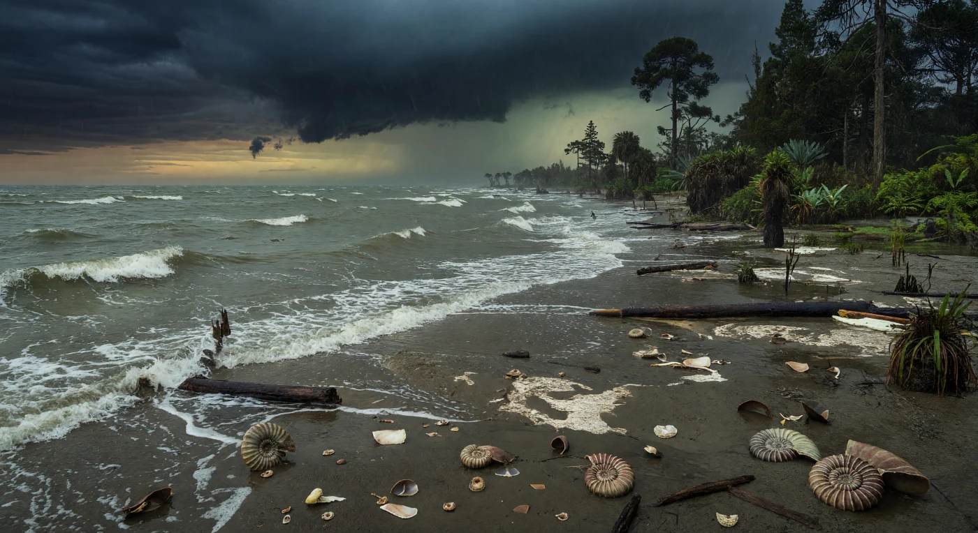 Sotto nubi temporalesche quasi nere, la costa fangosa del Western Interior Seaway si distende in un’immensa pianura battuta dal vento, dove onde grigio-verdi scagliano tronchi, frammenti di inoceramidi e conchiglie di ammoniti sui bassi fondali melmosi. Questa scena appartiene al Cretaceo superiore, circa 100–70 milioni di anni fa, quando un mare interno caldo e poco profondo divideva il Nord America in un clima “serra” privo di calotte polari permanenti. Sulla riva si riconoscono ammoniti a spirale costolata, simili a Baculites e Placenticeras, mentre oltre la battigia potevano nuotare pesci teleostei e piccoli plesiosauri; alle spalle, foreste di conifere araucariacee, cicadee e felci evocano un mondo antico, umido e straordinariamente diverso da quello odierno.