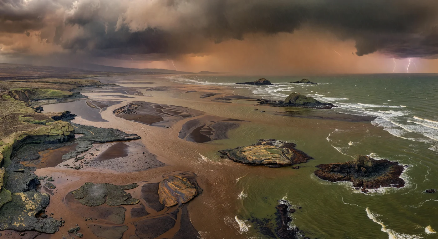 Sous un ciel d’orage chargé de brumes volcaniques, cette vue aérienne montre une côte archéenne vers 2,8 à 2,5 milliards d’années, où d’immenses marées balaient des plateformes nues de basalte, de greenstone et de komatiite, tandis que des eaux brunes chargées de sédiments se déversent dans une mer verdâtre riche en fer dissous et en silice. Aucun arbre, aucun animal, aucun lichen n’habite encore ces rivages: la terre émergée se réduit à de petits cratons et îlots volcaniques battus par les vagues, dans une atmosphère dense, pauvre en oxygène et teintée d’orange par les gaz et aérosols. Bien que le paysage paraisse stérile, les océans de l’Archéen abritaient déjà les premières biosphères microbiennes, notamment des communautés de bactéries et d’archées, ancêtres lointains des organismes qui transformeront plus tard la planète.