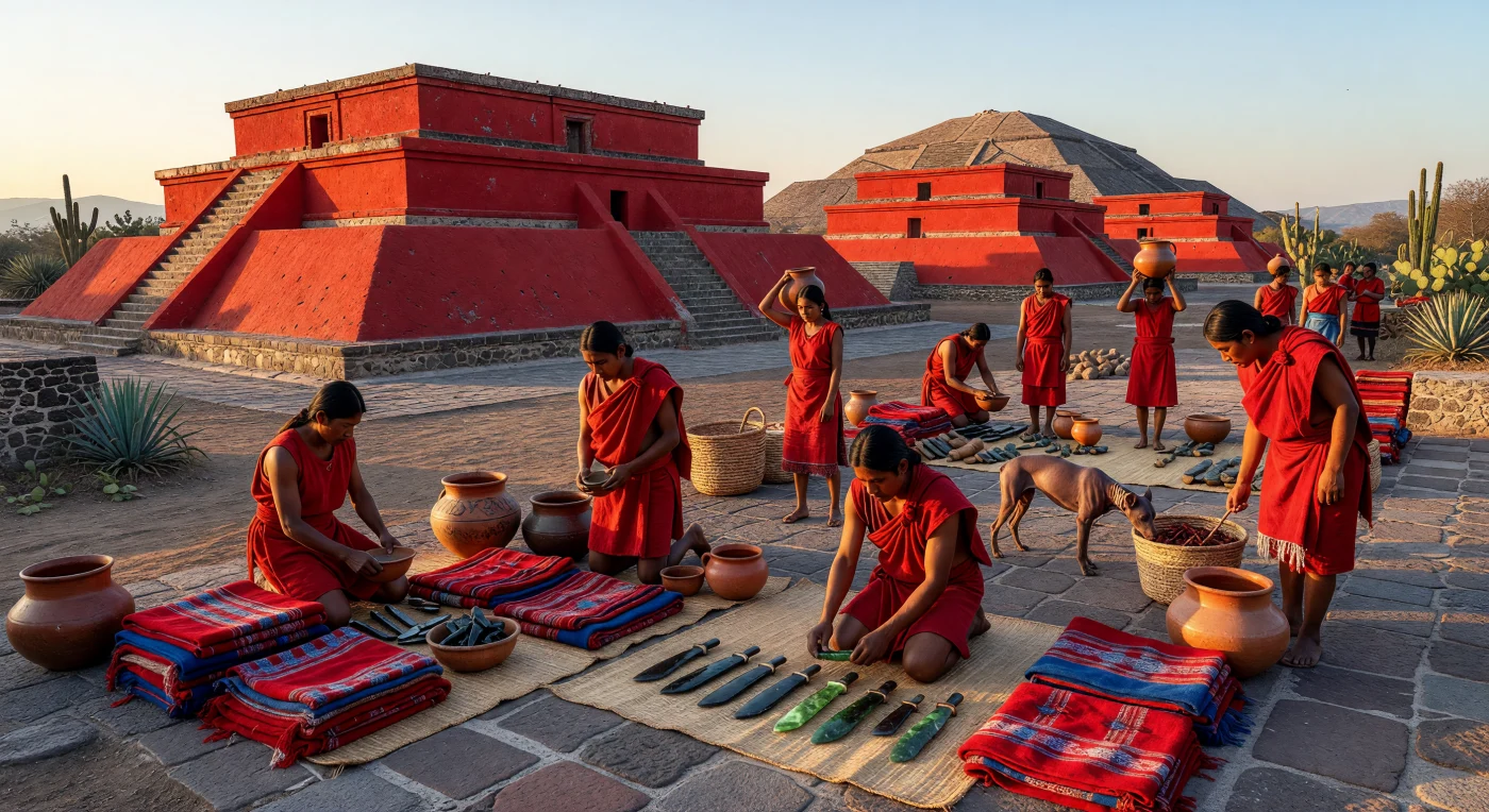 At the height of its influence circa 450 AD, the metropolis of Teotihuacan thrives as merchants display translucent green obsidian and cochineal-dyed textiles against a backdrop of brilliant cinnabar-red architecture. This scene illustrates the city's sophisticated talud-tablero design and its role as a multi-ethnic trade hub in the high-altitude Basin of Mexico. The absence of pack animals or wheeled transport highlights the remarkable human-scale logistics that sustained one of the largest urban centers of the ancient world.