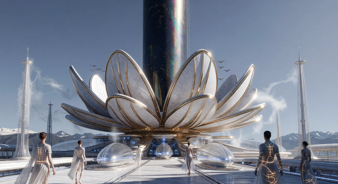 Dominant les sommets andins, l’Ancre du Lotus de Quito déploie ses pétales monumentaux de biociment marbré et de titane doré, servant de terminal terrestre à un ascenseur spatial dont le ruban de carbone monocristallin s'élance vers l'ionosphère. Édifiée durant l'ère de la Grande Divergence (2200–2500 apr. J.-C.), cette structure témoigne de la spécialisation radicale des Humains Bio-Intégrés, dont la physiologie bioluminescente et les proportions graciles marquent une adaptation génétique aux environnements de haute altitude. Entre les cimes enneigées et l'ingénierie de pointe, ce vestige illustre une époque où l'architecture organique et les matériaux de synthèse ont transformé la géologie équatoriale en un nœud de transit interplanétaire.