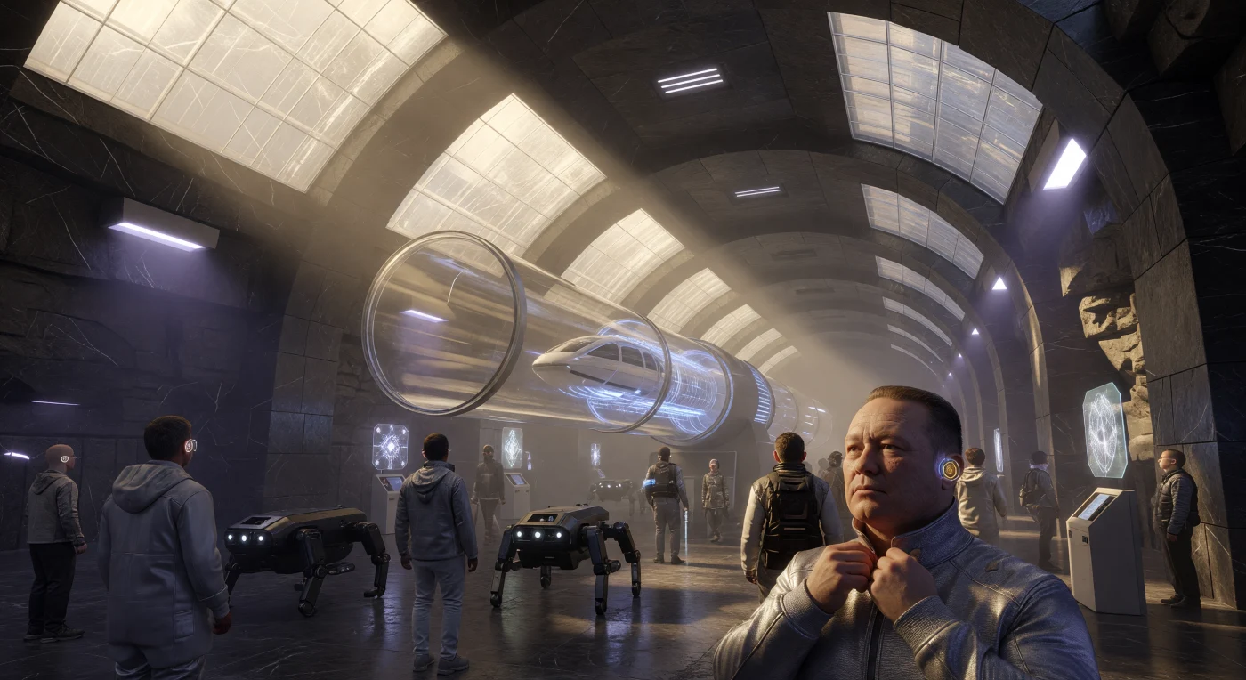 Nesta vista de um terminal da Rota da Seda Maglev durante o período d'O Limiar (2025-2050), observamos a fusão da arquitetura brutalista em basalto com a tecnologia de vácuo do hiperloop no norte da Ásia. A cena ilustra a adaptação da linhagem humana Boreal-Resurgente, cujos corpos foram modificados via CRISPR para termorregulação extrema, coexistindo com trabalhadores sintéticos hexapedais e interfaces holográficas em praças térmicas monumentais. Este hub representa o auge da engenharia do Bloco de Recursos do Norte, onde a civilização se estabeleceu no subsolo siberiano para aproveitar a energia de fusão e o isolamento de aerogel contra o rigor do permafrost.