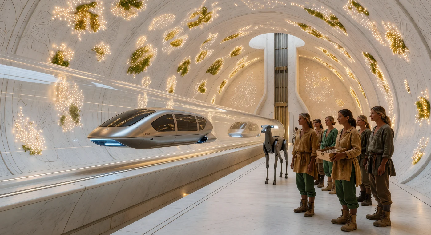 Cinquante mètres sous la surface des Réserves Naturelles terrestres, ce terminal de transport magnétique illustre la philosophie du « Berceau de Stase » en vigueur durant la Grande Divergence (2200-2500 apr. J.-C.). Dans une nef de céramique recyclée, des *Homo sapiens* de lignée originelle attendent un pod en titane glissant silencieusement dans un tube de saphir synthétique, sous la surveillance d'une Sentinelle Custodiale au châssis cervidé. L'éclairage est assuré par une « Piezo-flora » bioluminescente, une mousse synthétique récoltant l'énergie vibratoire, témoignant d'une ère où la fusion nucléaire et la haute technologie s'effacent pour préserver l'intégrité de l'écosystème de surface et le mode de vie ancestral des humains non augmentés.