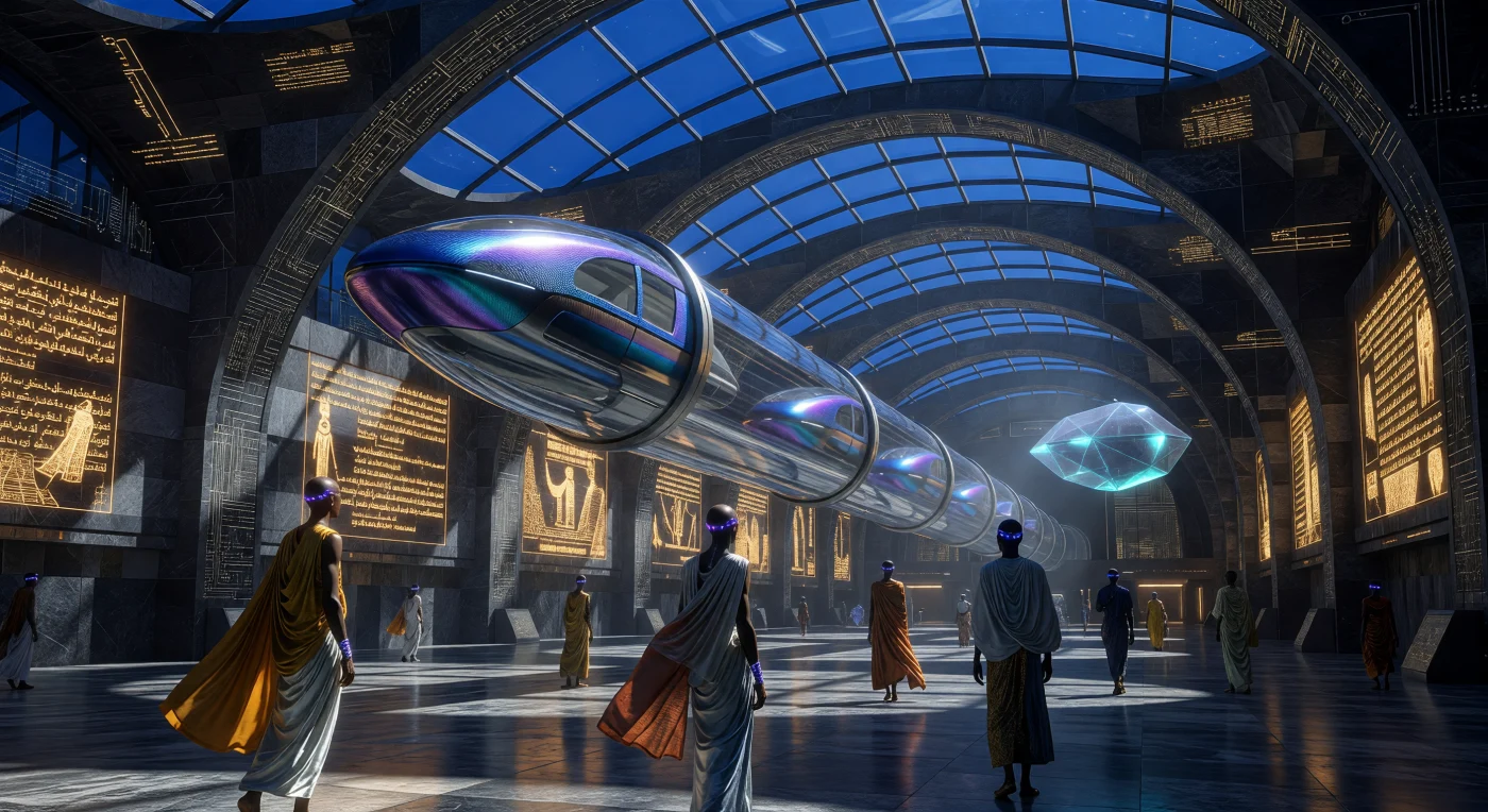 Nesta reconstrução do Terminal Transaariano de Argel em 2050, observamos a convergência entre a geologia do basalto e a biotecnologia avançada da era do "Limiar". A cena revela a adaptação morfológica de *Homo sapiens*, representados pelos "Gardiens", cujas modificações genéticas para retenção hídrica e interfaces neurais *Kipaji* marcam um salto evolutivo deliberado em resposta às mudanças climáticas do século XXI. Entre cápsulas maglev e murais holográficos de manuscritos de Tombuctu, o registro documenta uma sociedade que transformou o deserto africano no epicentro energético e tecnológico do planeta através do domínio da fusão nuclear e da inteligência artificial.