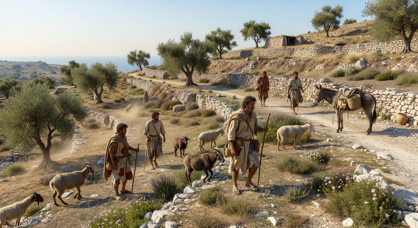 Num encosta mediterrânica crestada pelo sol, pastores de túnicas curtas de lã conduzem cabras de chifres e ovelhas de velo áspero entre socalcos de pedra seca, oliveiras de folhas prateadas e mato aromático, enquanto um burro carregado com cestos espera no caminho. Entre cerca de 700 e 500 a.C., paisagens como esta eram comuns nas terras altas do Mediterrâneo, onde a vida rural dependia da combinação de pastoreio, cultivo da oliveira e do engenho de muros sem argamassa para conservar solo e humidade. Longe do luxo das cidades e dos portos, esta cena revela a base quotidiana da economia da Idade do Ferro: trabalho duro, adaptação à seca estival e produtos como o azeite e a lã, essenciais para sustento e troca.