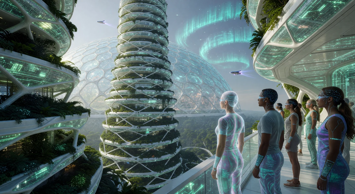 In this 24th-century vista from the Great Divergence (c. 2350 CE), a massive Vertical Forest Arcology constructed of white graphene and synthetic photosynthetic glass rises three kilometers into a climate-controlled atmosphere. The scene depicts *Homo augmentus* residents whose subcutaneous cortical meshes allow for silent, instantaneous data exchange, standing alongside a prismatic "Hard-Light" holographic projection of a digital entity. Above, Ion-Drift Skiffs navigate through iridescent cyan data-auroras, illustrating a Type I.V civilization where biological evolution and planetary-scale engineering have become indistinguishable.